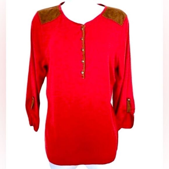 Lauren Ralph Lauren Henley with 3/4 Tab Buttoned Sleeves in Red/Brown Women’s L - Picture 1 of 7
